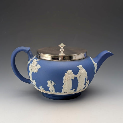 Antique British Wedgwood Teapot, Jasperware, Royal Blue, Metal Lid